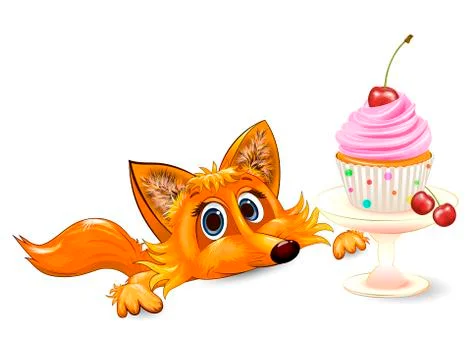 Fox and cupcake with cherry Stock Illustration