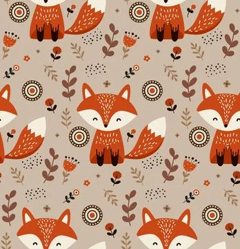 Fox and Floral Seamless Pattern 스톡 일러스트