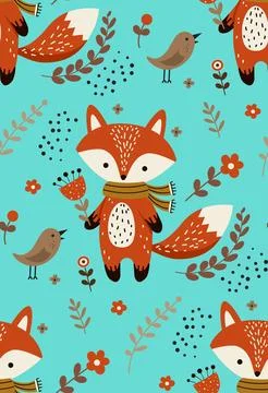 Fox and Floral Seamless Pattern Illustrazione stock