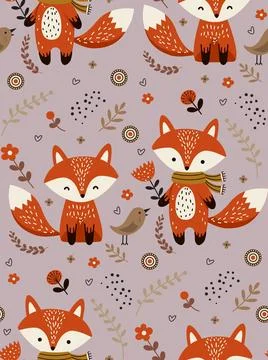 Fox and Floral Seamless Pattern 스톡 일러스트