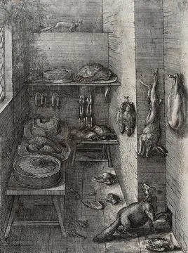 A fox and a weasel trying to leave a well-stocked larder; illustration of a.. Stock Illustration