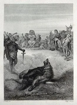 A fox and a wolf are fighting each other in a pit with a crowd of animals l.. Stock Illustration