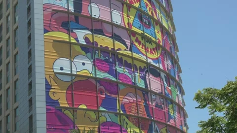 Fox animation building wrap, simpsons, bob burgers, no people Stockbeeldmateriaal 246635367