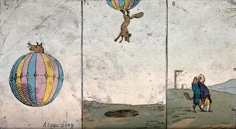 A fox ascends in a balloon, descends into a pit and walks off arm in arm wi.. Stock Illustration