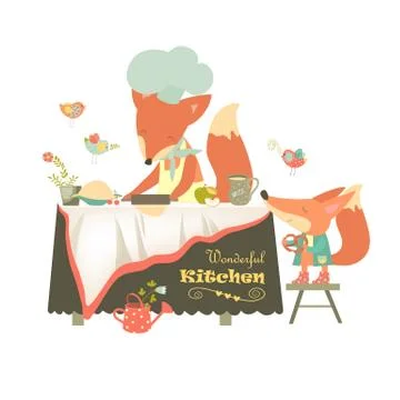 Fox baking a cake Stock Illustration