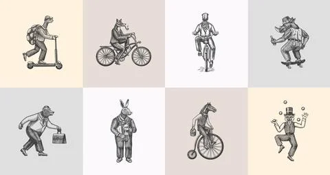 Fox on a bicycle, Cat juggler, turtle on a scooter. Bear, horse, hare, Owl Stock Illustration