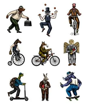 Fox on a bicycle, Cat juggler, turtle on a scooter. Bear, horse, hare, Owl Stock Illustration