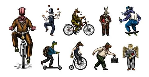 Fox on a bicycle, Cat juggler, turtle on a scooter. Bear, horse, hare, Owl Stock Illustration