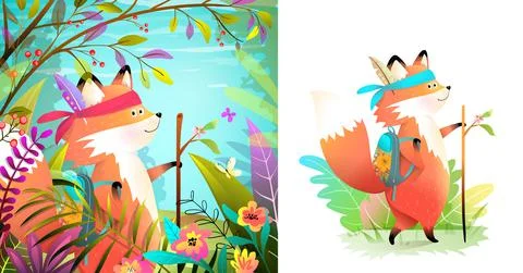 Fox Brave Explorer in Forest and Isolated Set Stock Illustration