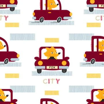 Fox with car seamless vector  pattern. Stock Illustration