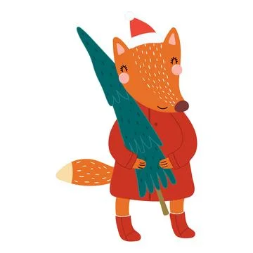 Fox carrying Christmas tree isolated Stock Illustration