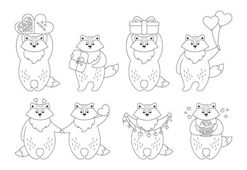 Fox cartoon linear set greeting card Valentine Day Stock Illustration