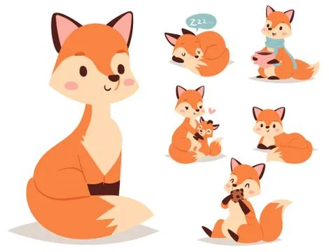 Fox character doing different foxy activities funny happy nature red tail and Stock Illustration