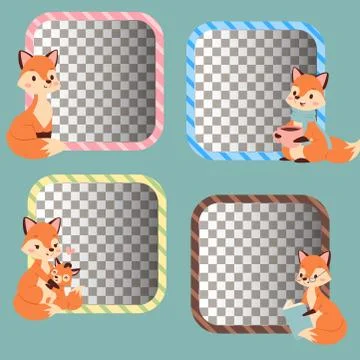 Fox character doing different foxy activities funny happy nature red tail and Stock Illustration