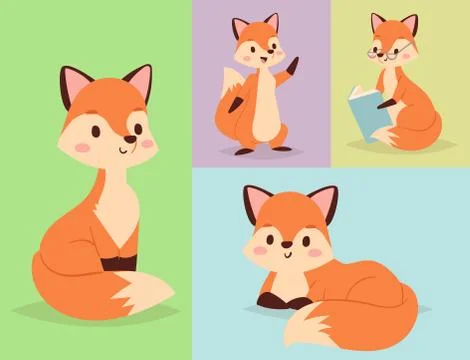 Fox character doing different foxy activities funny happy nature red tail and Stock Illustration