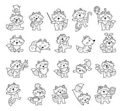 Fox character set in outline line art Stock Illustration