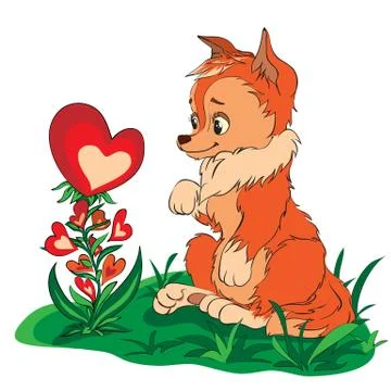 Fox in a clearing looking at flower Stock Illustration