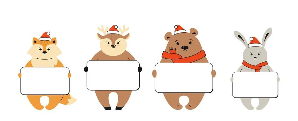 Fox deer bear and hare holding blank banner animal Stock Illustration