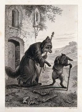 A fox dressed as a monk is greeting a passing hare with a walking stick. Re.. Stock Illustration