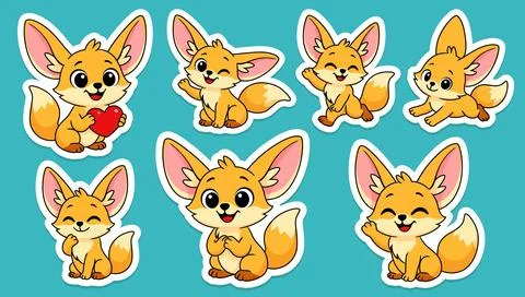 Fox fennec sticker different poses, actions, cute mascot. Stock Illustration