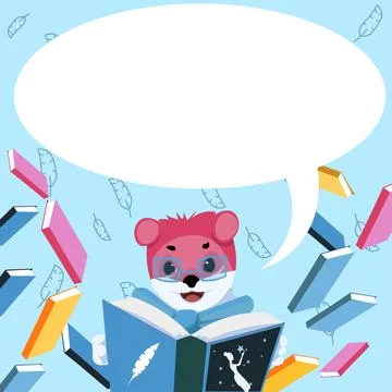 Fox With Glasses Sitting In Library Reading A Book Surrounded By Flying Booklets Illustrazione stock