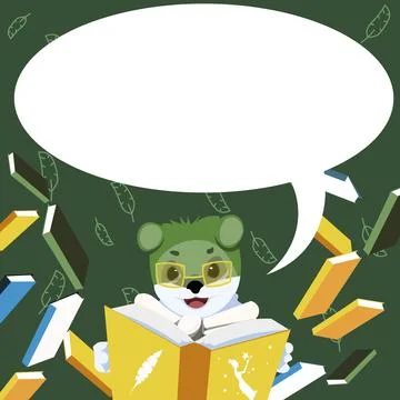 Fox With Glasses Sitting In Library Reading A Book Surrounded By Flying Booklets Illustrazione stock
