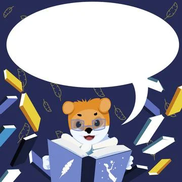 Fox With Glasses Sitting In Library Reading A Book Surrounded By Flying Booklets Illustrazione stock