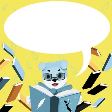 Fox With Glasses Sitting In Library Reading A Book Surrounded By Flying Booklets Illustrazione stock