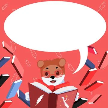 Fox With Glasses Sitting In Library Reading A Book Surrounded By Flying Booklets Illustrazione stock