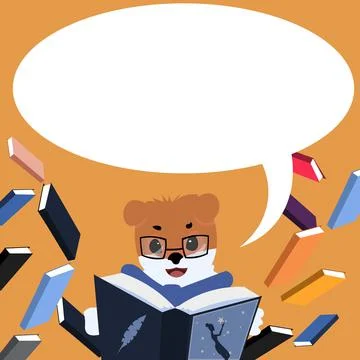 Fox With Glasses Sitting In Library Reading A Book Surrounded By Flying Booklets Illustrazione stock