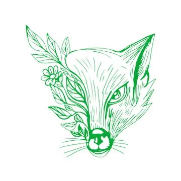 Fox Head With Flower and Leaves Drawing Stock Illustration