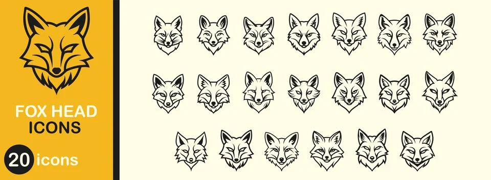 Fox head icon set. Creative drawing emblem cute vector illustration. Cartoo.. Stock Illustration