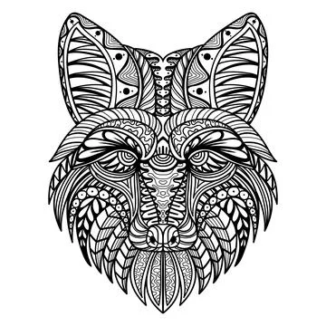 Fox head mandala zentangle coloring page illustration Stock Illustration