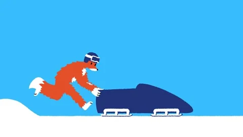 Fox with helmet jumps into blue bobsled and rides down from white snow hill Stock Footage 326368229