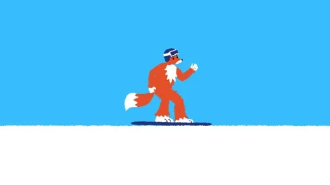 Fox with helmet rides snowboard down snow hill, jumps and waves hello Video stock 326708525