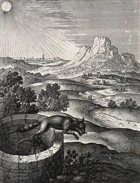 A fox jumps out of a well by climbing on the horns of a goat inside; illust.. Stock Illustration