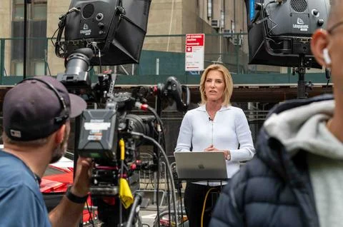 Fox Laura Ingram reporting in front of Trump trial courthouse NYC Stock Photos