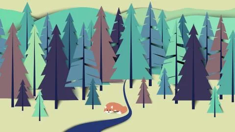 Fox lay down beside the river in pine forest landscape, paper art Stock Illustration