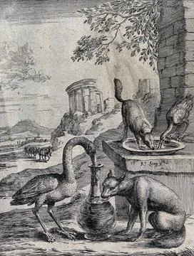 A fox licks the outside of a jug into which a crane has inserted its bill. .. Stock Illustration