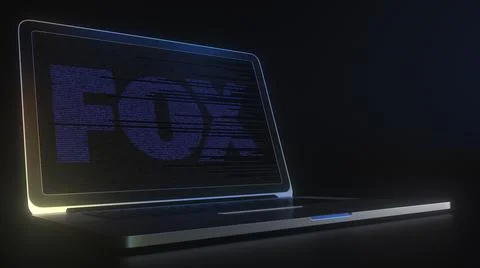 FOX logo made with computer code on the laptop screen. Editorial conceptual 3d 库存插图