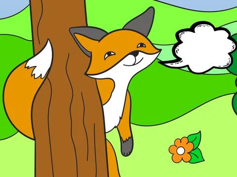 Fox looks out behind the tree. Conversation, blank text bubble. Stock Illustration