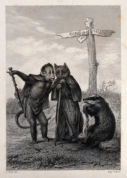 A fox, a monkey and a badger are deliberating directions at a crossing. rep.. Stock Illustration