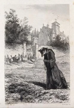 A fox in a monk's habit is apparently deeply engrossed in praying while it .. Stock Illustration