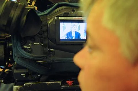 A Fox News cameraman shoots video of a statement made by U.S. Secretary of... Stock Photos