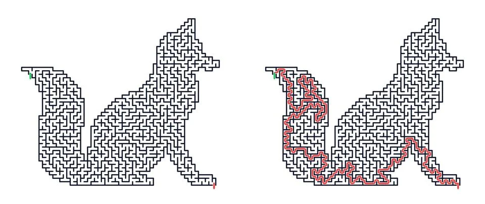 Fox pattern puzzle with solution path. Educational maze game for child develo 스톡 일러스트