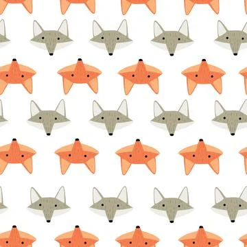 Fox pattern seamless in freehand style. Head animals on colorful background.  Illustrazione stock