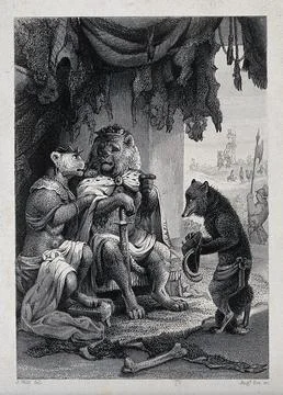A fox is pleading before the lion dressed as king while an execution of a f.. Stock Illustration