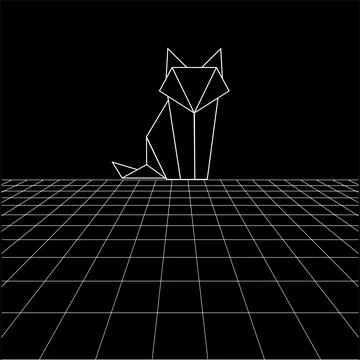 Fox polygonal lines on the Synthwave vaporwave, perspective grids Ilustración de archivo