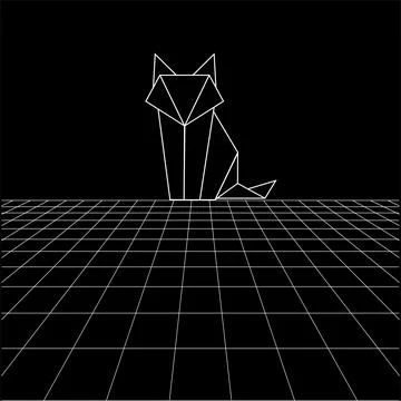 Fox polygonal lines on the Synthwave vaporwave, perspective grids Ilustración de archivo