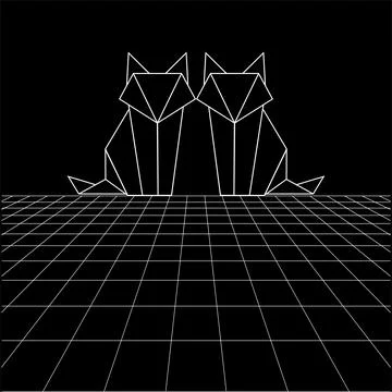 Fox polygonal lines on the Synthwave vaporwave, perspective grids Stock Illustration